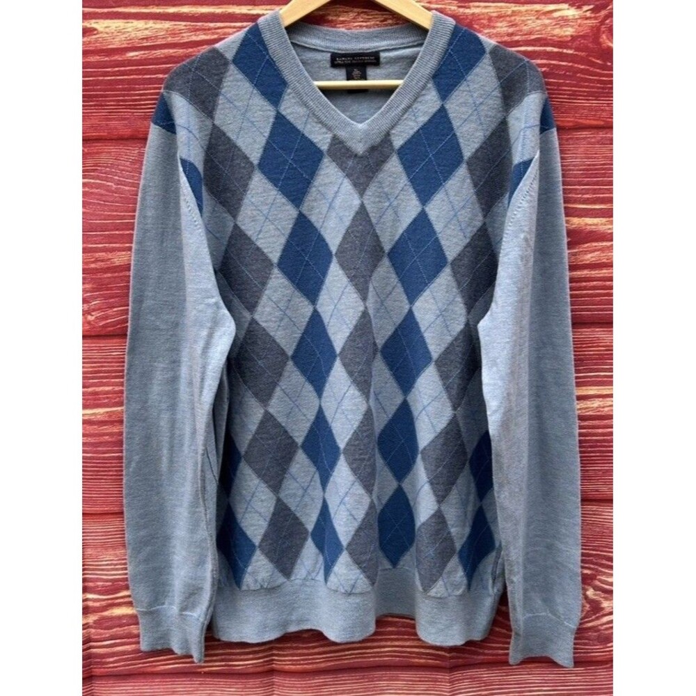 Banana Republic Men’s XL Merino Wool Preppy V-neck Blue Argyle Sweater